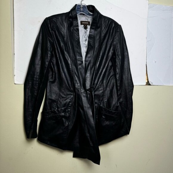Daniel Leather Open Shawl Collar Jacket Blazer Ties Ribbed Stretch Sides Pockets - Picture 3 of 16
